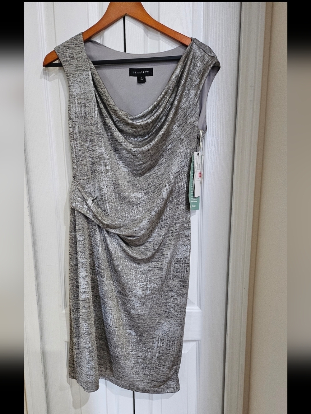 Scarlett Women’s Size 8 Silver Metallic Ruched Sheath Dress Sleeveless Cowl Neck - Picture 3 of 10